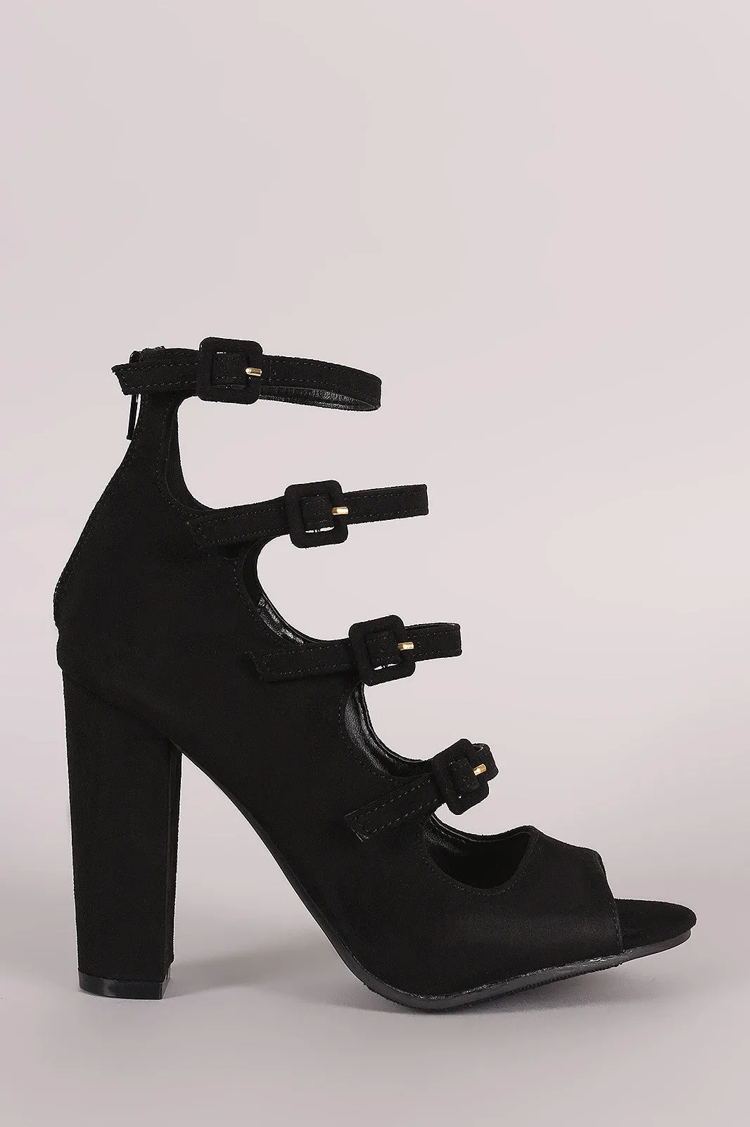 Bamboo Suede Buckled Strap Chunky Heel