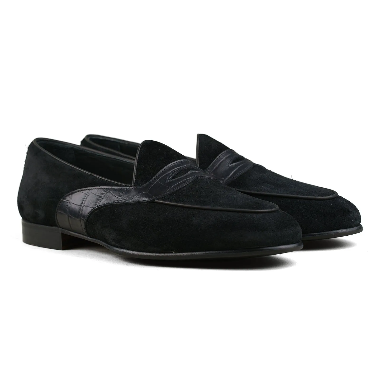 Belgian Penny Loafer - Black Suede w/ Faux Croc Strap