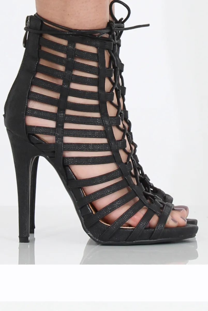 Black Caged Lace Up Heels - Jane