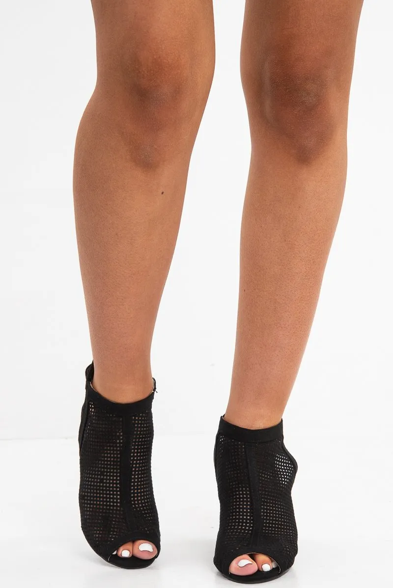 Black Faux Suede Cage Front Block Heels - Shannon