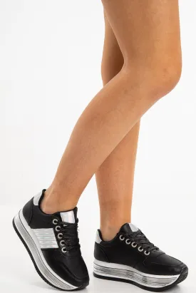 Black Platform Sole Lace Up Chunky Trainers - Emree