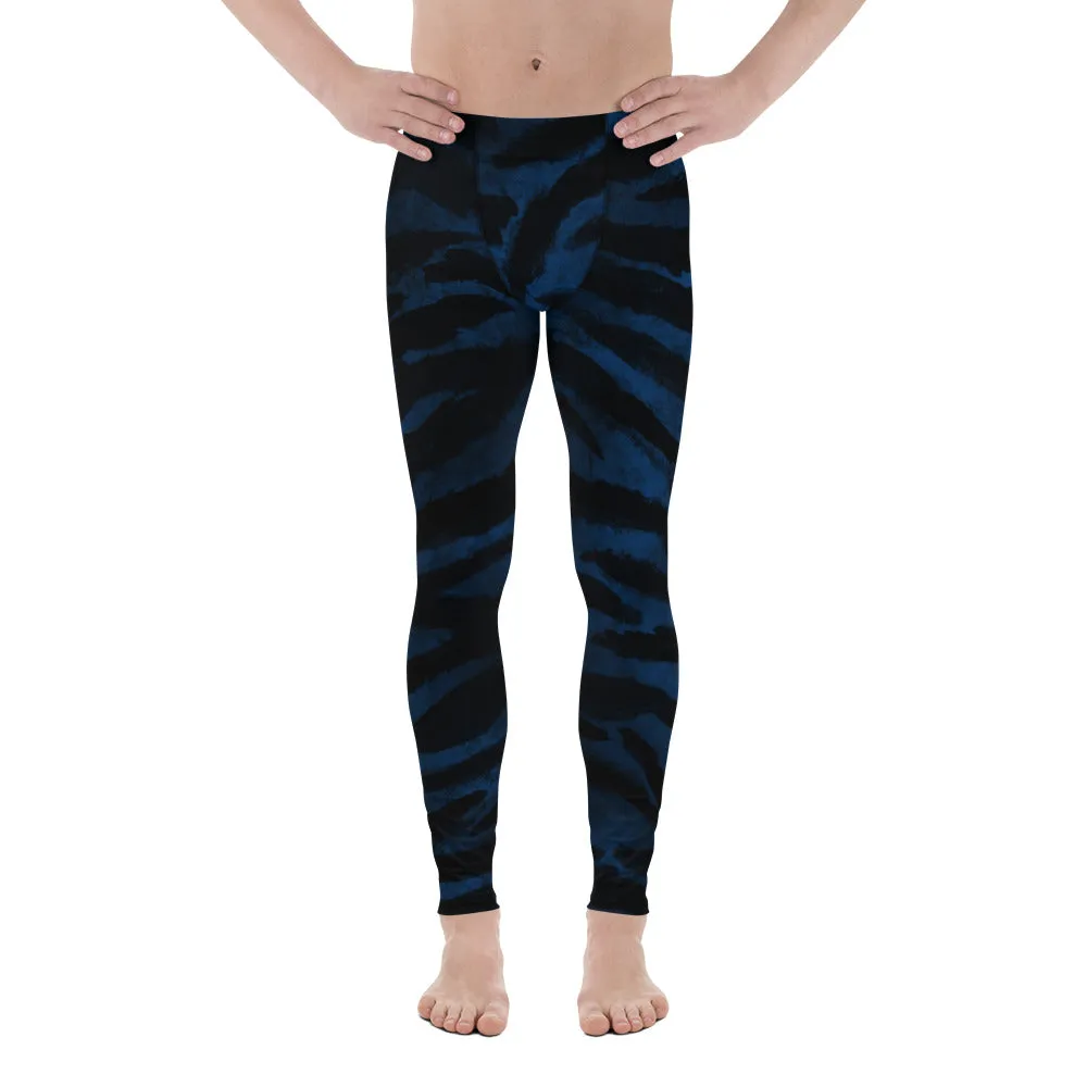 Blue Tiger Striped Meggings, Animal Print Men's Yoga Pants Leggings Run Tights- Made in USA/ EU