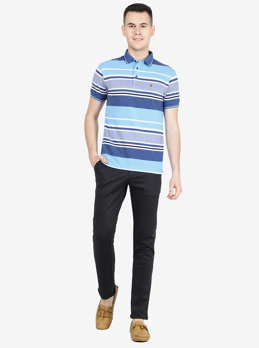 Cyan Blue Striped Slim Fit Polo T-Shirt | Jadeblue