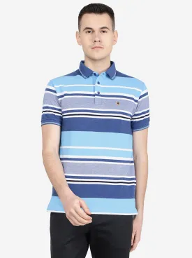 Cyan Blue Striped Slim Fit Polo T-Shirt | Jadeblue