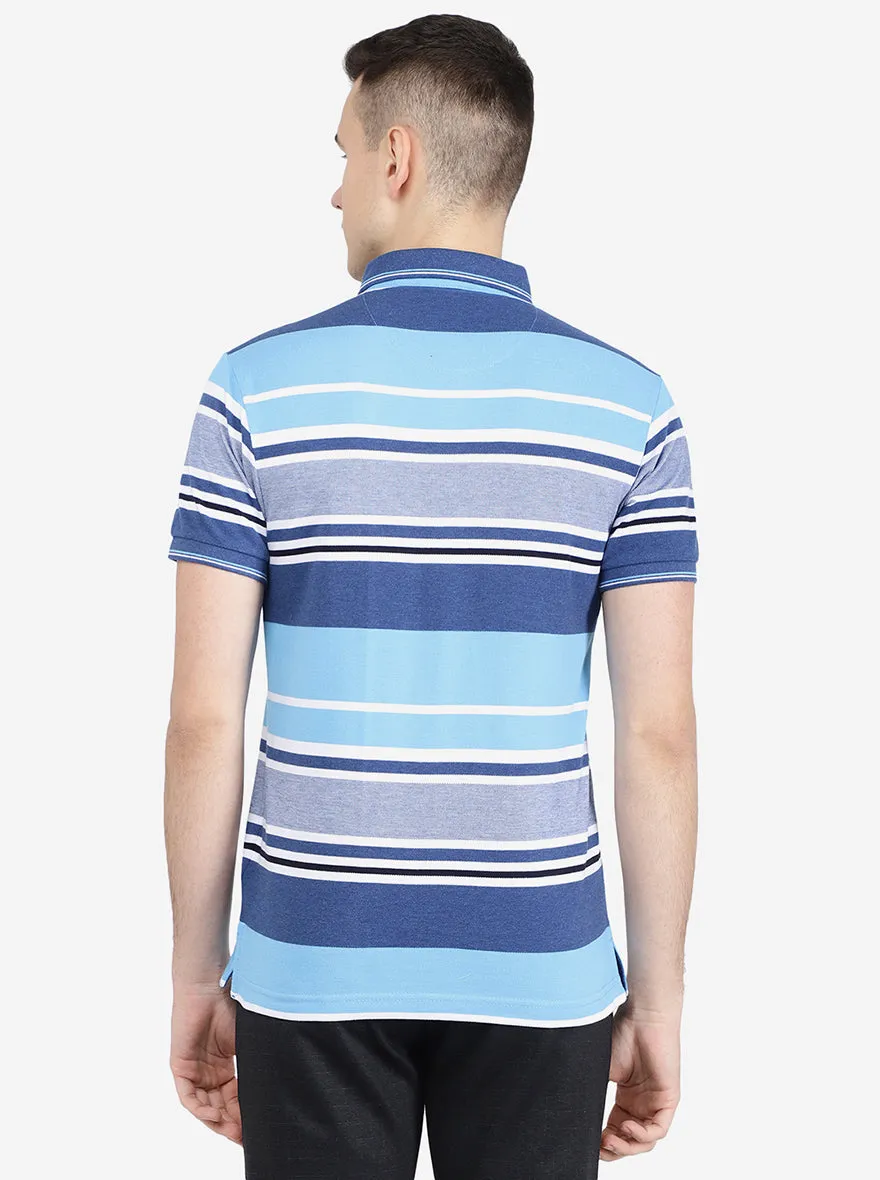 Cyan Blue Striped Slim Fit Polo T-Shirt | Jadeblue