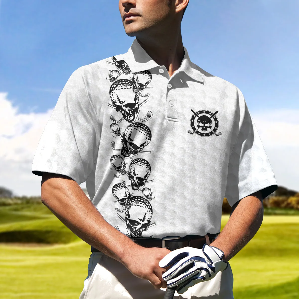 Golfing Skull Golf Ball And Clubs Shirt Polo Shirt, Golf Pattern Polo Shirt, Black And White Golf Shirt For Men Coolspod