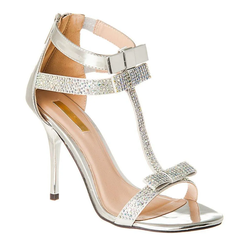 High Stiletto Heel Open Toe T-Bar Sandal With Bow Detail