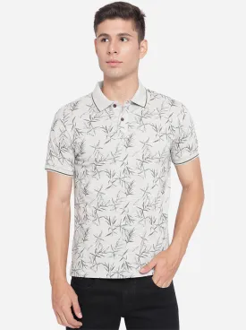 Light Grey Printed Slim Fit Polo T-Shirt | Greenfibre