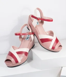 Lulu Hun Beige & Red Leatherette Tonya Peep Toe Wedges