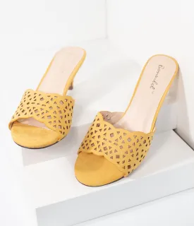 Mustard Yellow Suede Cutout Peep Toe Mule Heels