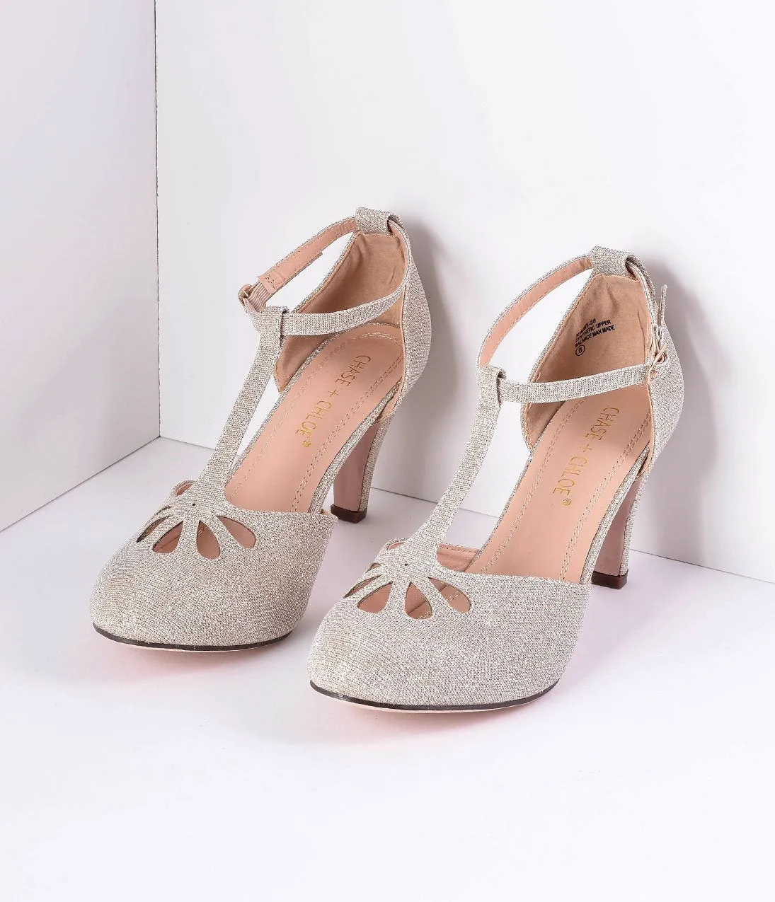 Nude Sparkle Cutout Kimmy T-Strap Heels