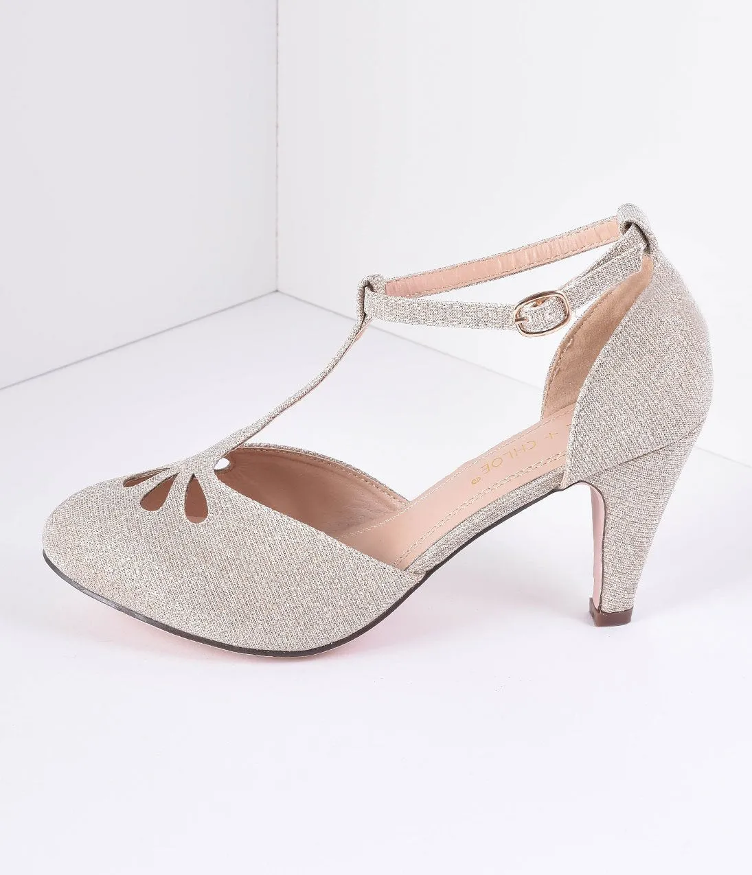 Nude Sparkle Cutout Kimmy T-Strap Heels