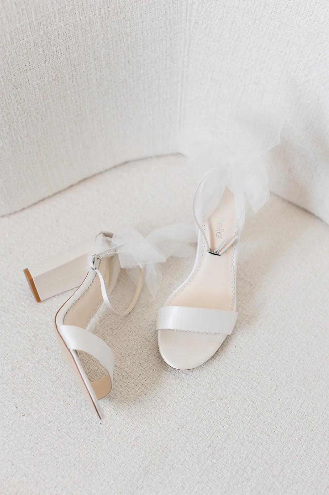 Reina - Ivory Open Toe Tulle Bow Block Heel Sandals with Ankle Straps