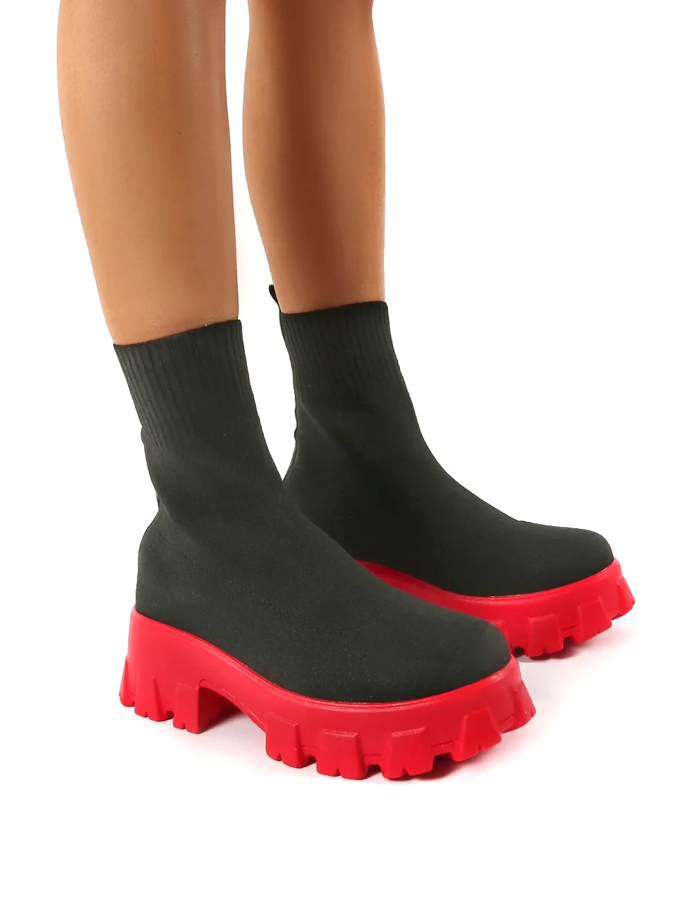 Trust Black and Red Chunky Platform Sole Sock Ankle Boots