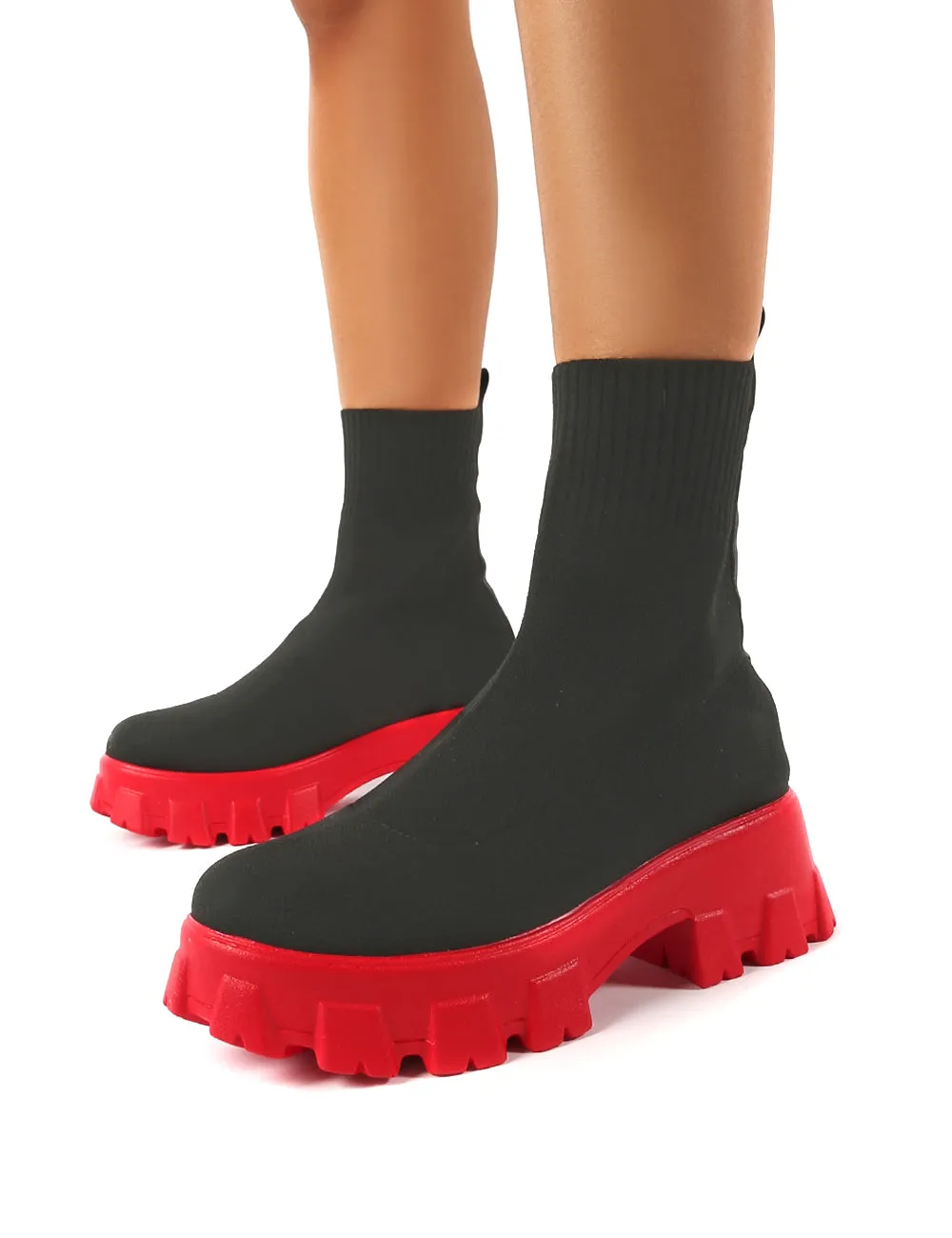 Trust Black and Red Chunky Platform Sole Sock Ankle Boots