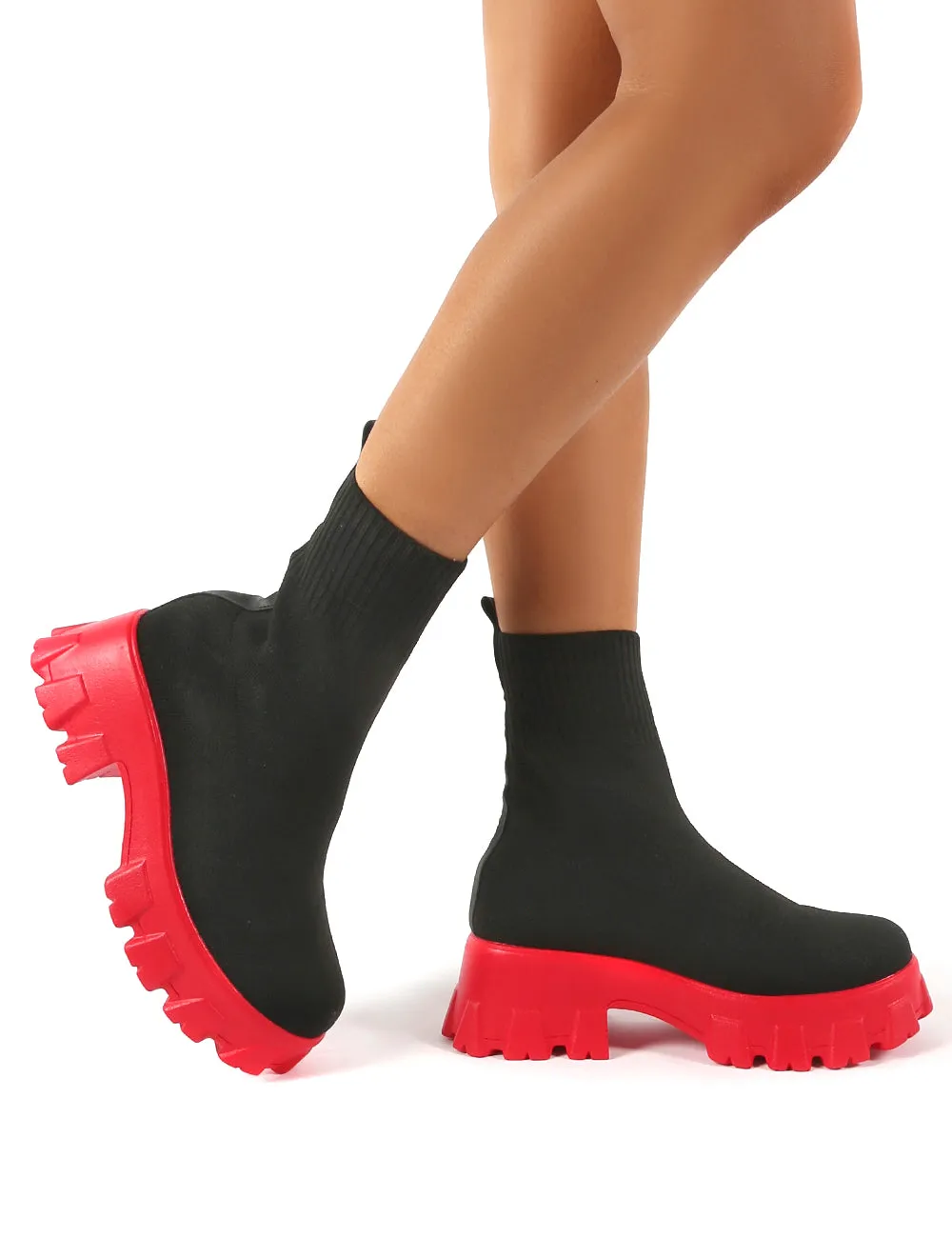 Trust Black and Red Chunky Platform Sole Sock Ankle Boots