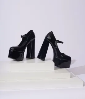 Unique Vintage Black Patent Leatherette Platform Mary Jane Heels