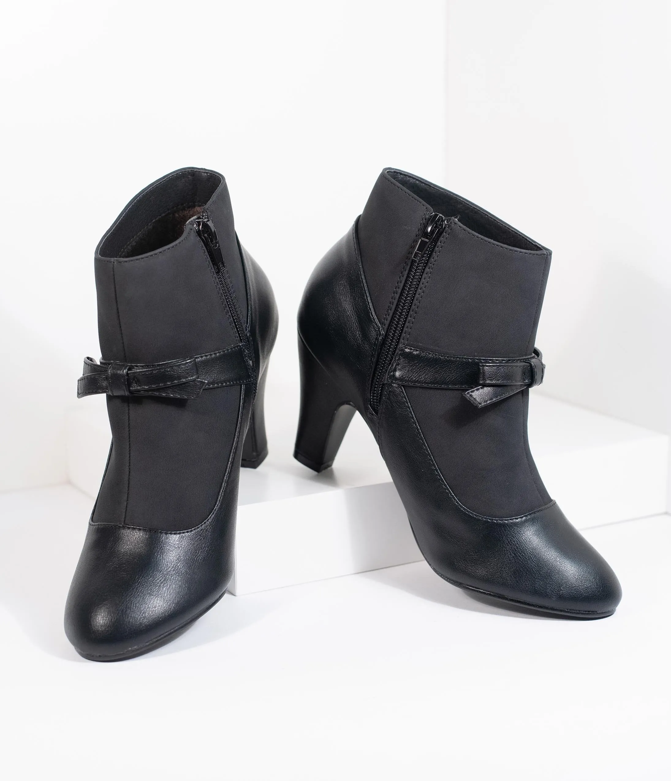 Vintage Style Black Leatherette Bow Heel Booties