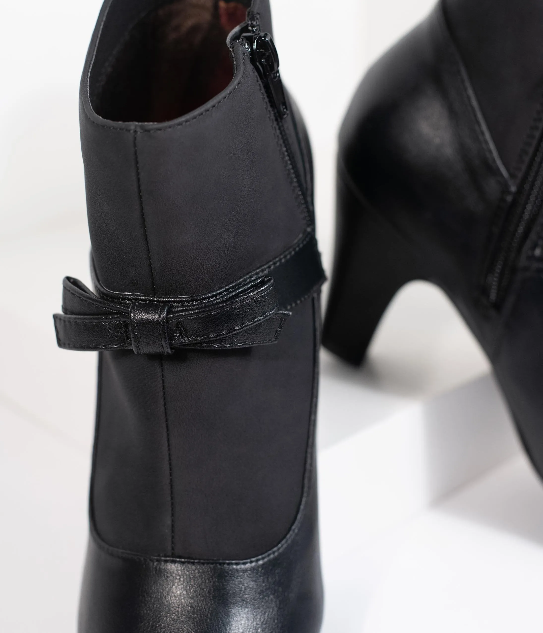 Vintage Style Black Leatherette Bow Heel Booties