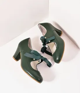 Vintage Style Emerald Green Leatherette Mary Jane Bow Wiggle Heels