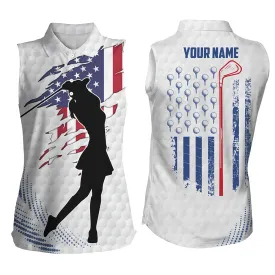 White Golf Ball Womens Sleeveless Golf Polos Shirts Custom American Flag Patriot Golf Tops For Ladies