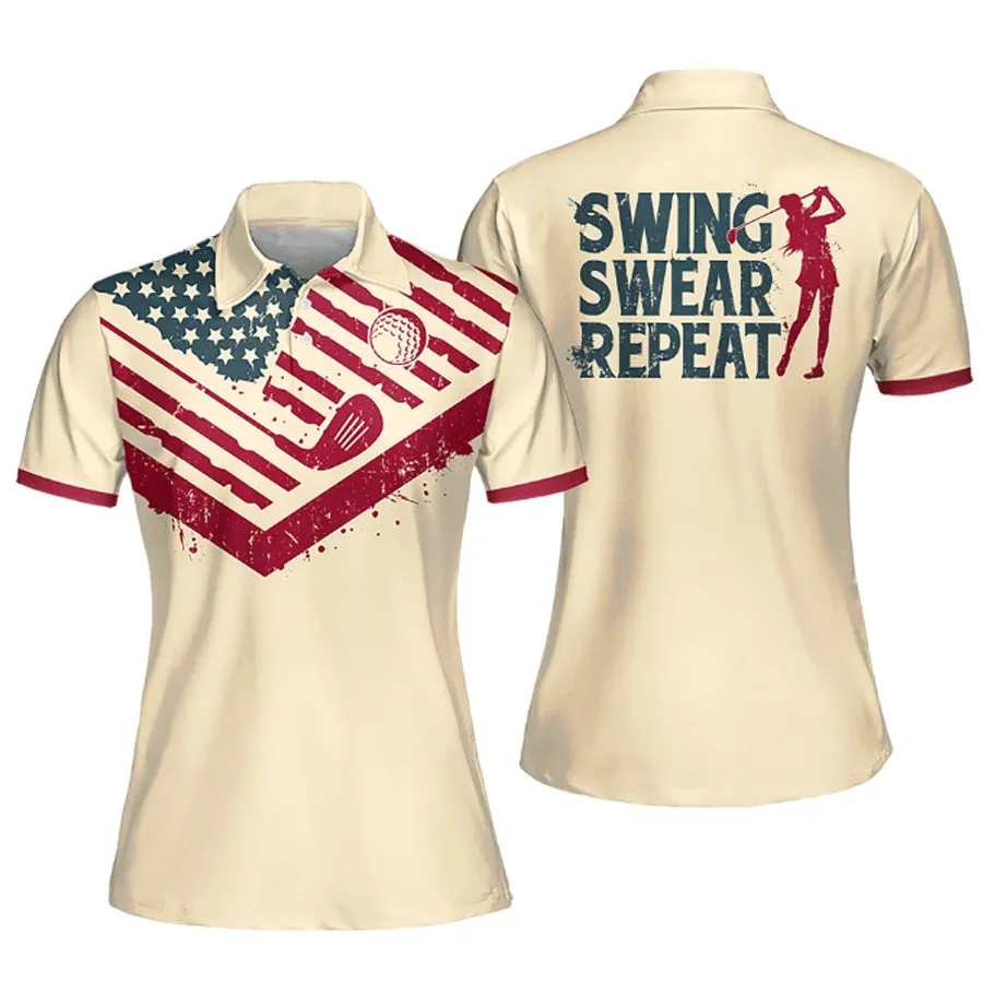 Women Golf Polo Shirt American Swing Swear Repeat Vintage Women Golf Shirt, Sleeve Polo Shirt Women Golf