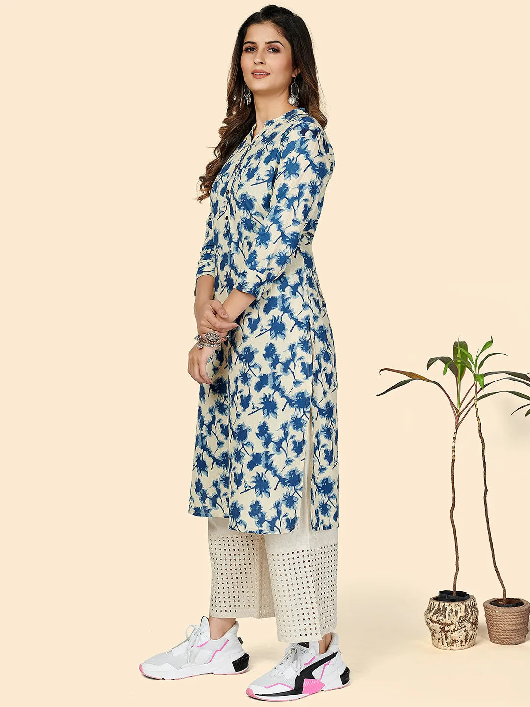 Women'S Printed Straight Cotton Blue Stitched Kurta