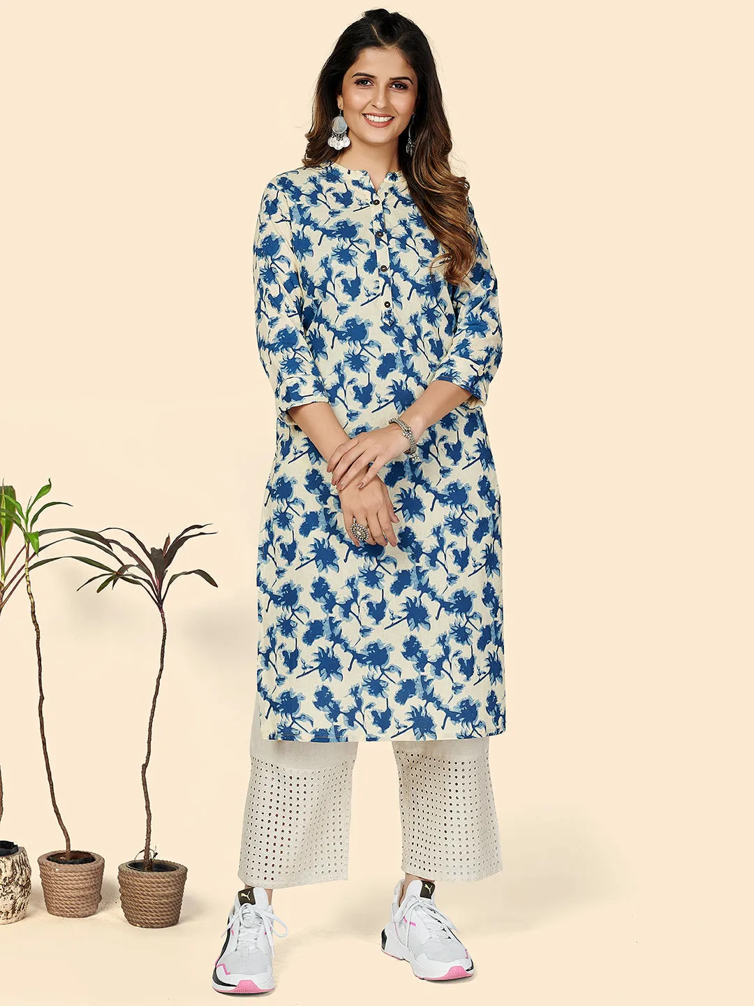 Women'S Printed Straight Cotton Blue Stitched Kurta