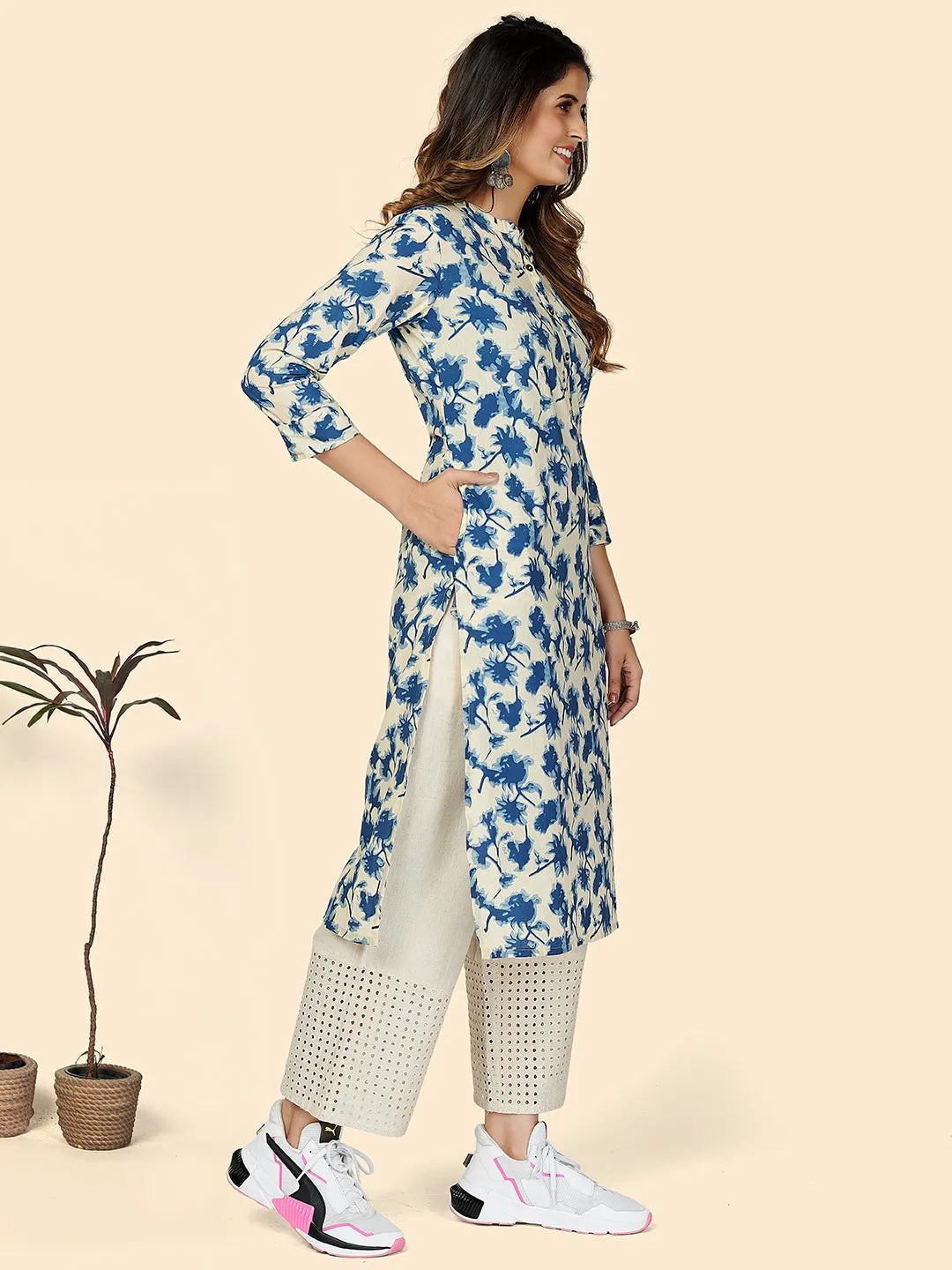 Women'S Printed Straight Cotton Blue Stitched Kurta