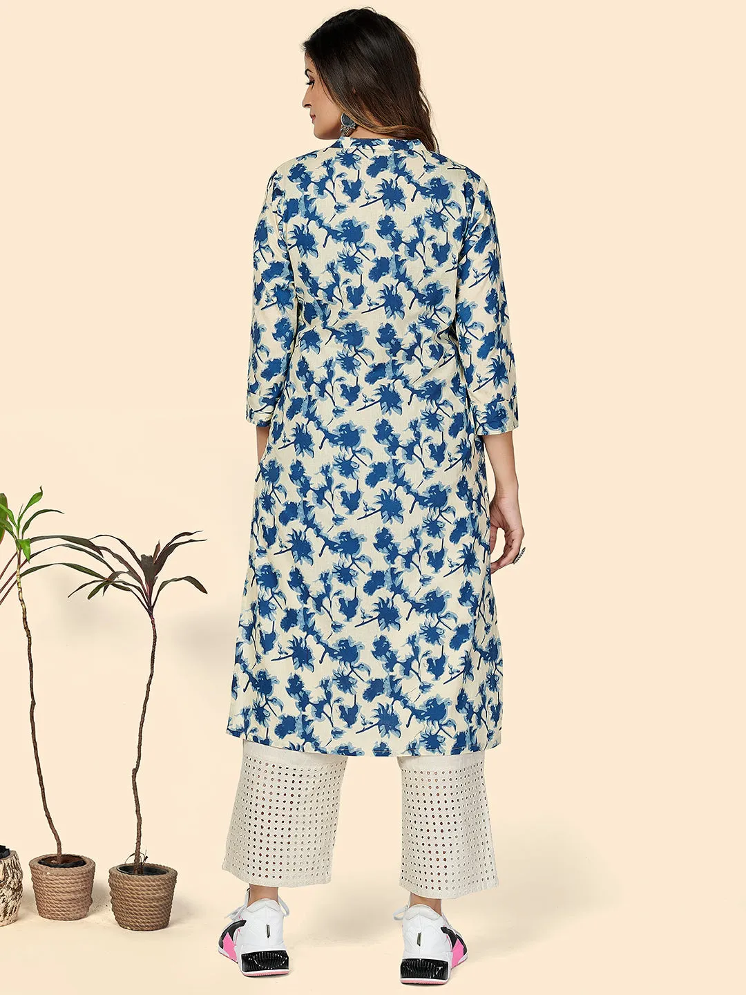 Women'S Printed Straight Cotton Blue Stitched Kurta