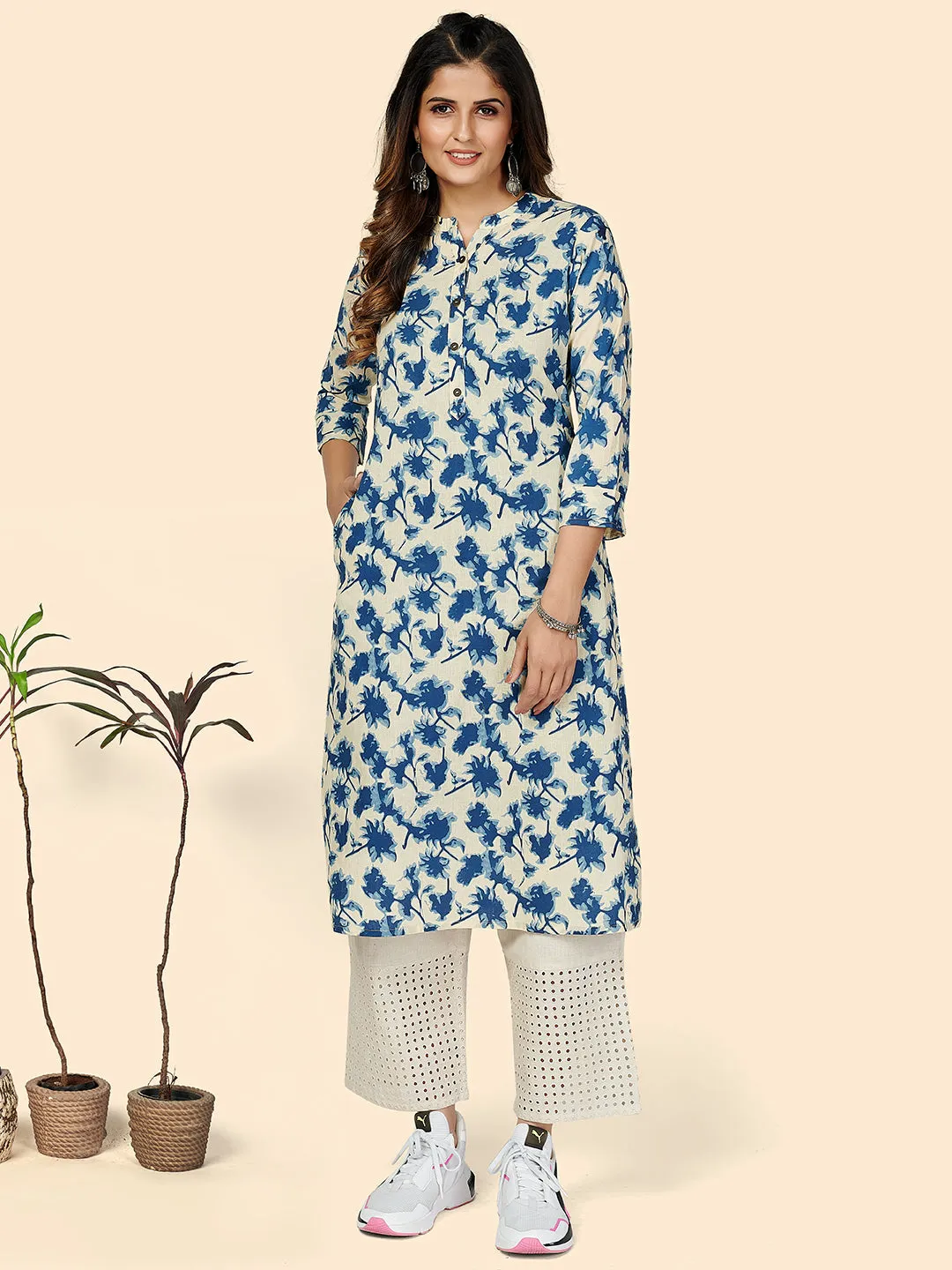 Women'S Printed Straight Cotton Blue Stitched Kurta