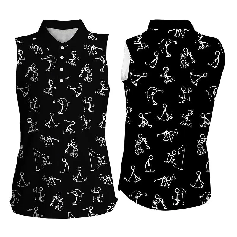 Womens sleeveless polo shirts funny golf pattern, black women polo shirt